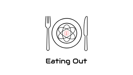 Minimalist logo with a plate, fork, knife, and atomic-style design in the center, labeled "Eating Out."